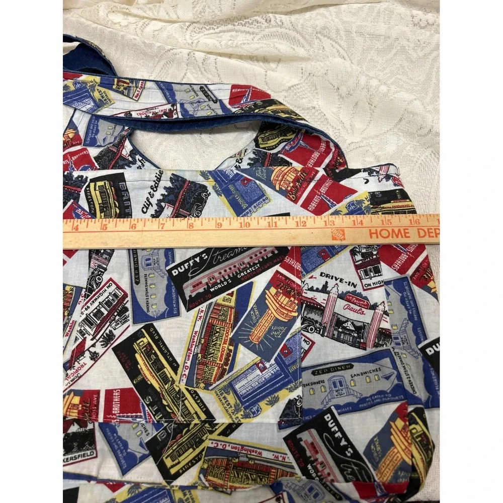 Handmade Reversible Tote‎ Bag Vintage Diner Roadside Print Denim Hobo Bucket Bag